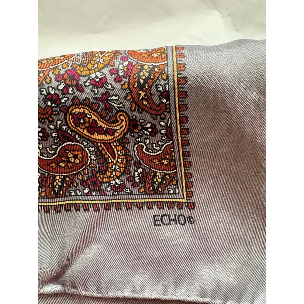 ECHO Silk Blend Paisley Square Scarf Gray Brown Old Money Vintage Inspired
